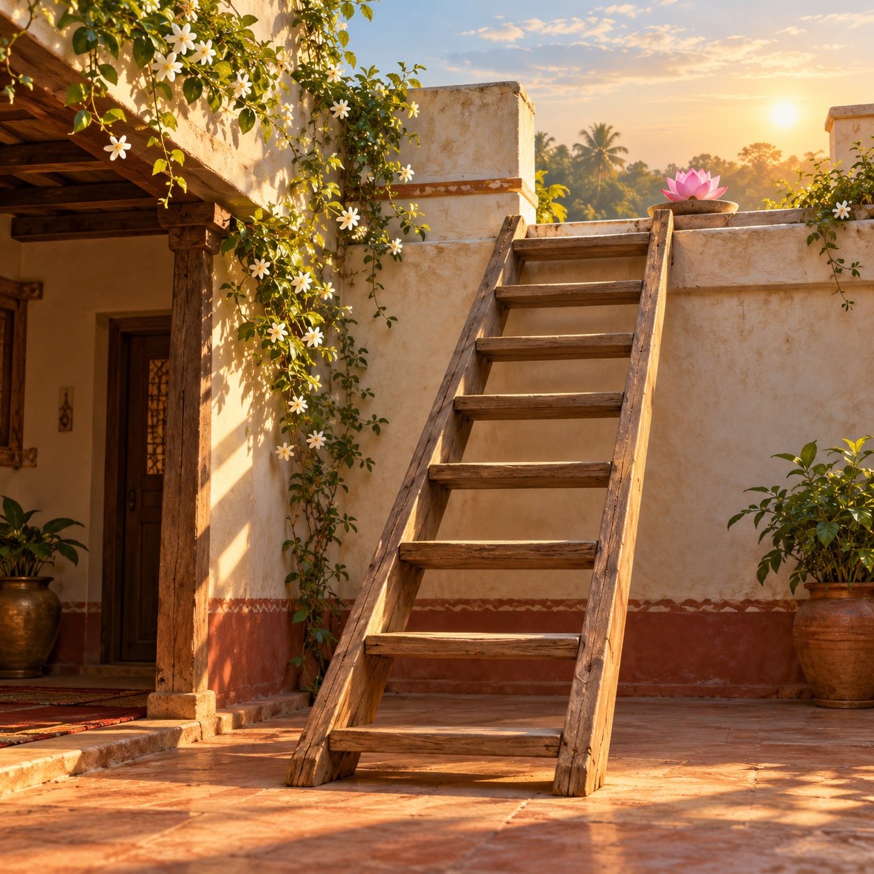 A wooden ladder rises from a quiet courtyard to a sunlit terrace, with a lotus on the upper landing.